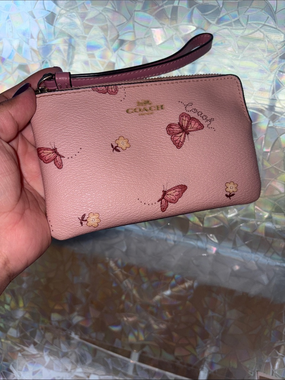 Coach Wristlet Pink Butterfly Print and Pink Strap GUC